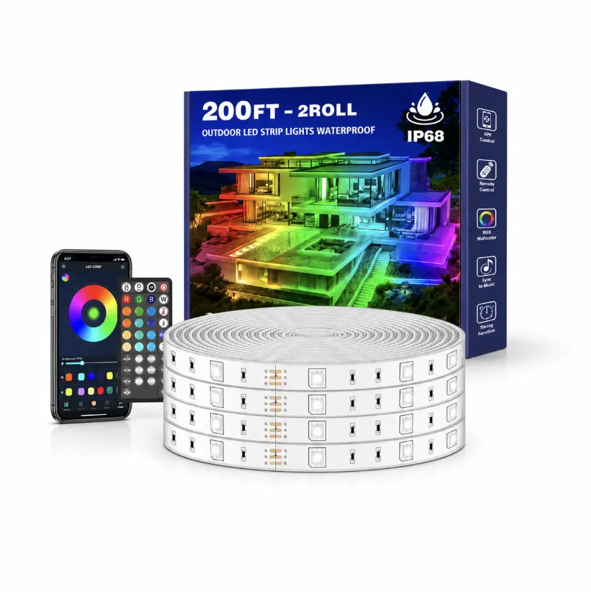 200ft Waterproof IP68 Outdoor LED Strip Lights, 1 Roll Self-Adhesive RGB Rope Lights with App & Remote, Music Sync for Deck, Balcony