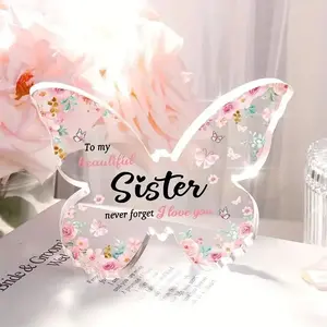 Butterfly Shaped Acrylic Ornament, 1 Count To My Sister Letter Creative Desktop Decoration, Warm Exquisite Gift for Family Sister Friends, Room Decor