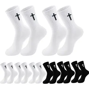 Menswear Basic Quilted Religious Inspirational Cross Mid-Calf Prayer Socks (2/5 Pairs) for Couples, Breathable Soft Stretch Comfort Fit, Birthday Christmas Gift Stockings