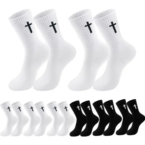 Men's Menswear Calf High Casual Fashion Socks - Soft Breathable Fabric, Quilted Cross, Bow & Cartoon Details, Religious Birthday Gift, 2/5-Pair Pack, Machine Washable Above Knee Mid-Calf Daily Wear Socks