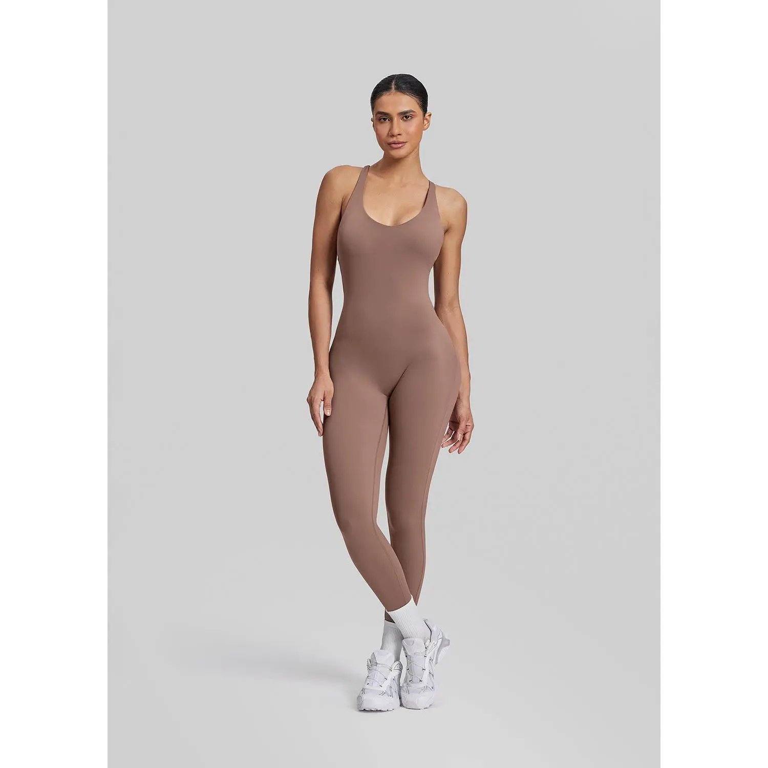 Strappy Plunge Workout Jumpsuit, Women's Seamless Crossback Bodysuit with Built-in Bra for Fitness Sport Outfits, Strappy Plunge Bodysuits, Yoga Jumpsuit, Athletic Style Activewear