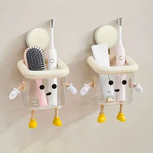 1 Cartoon Bathroom Auxiliary Hook Rack, Wall-mounted Non-drilling Suction Cup Hanger, Cute Home Decoration Plastic Storage Box, Suitable for Washbasin Accessories, Toothbrush Storage, Toothbrush Holders - Cartoon Design - Durable Plastic, Shower Caddies