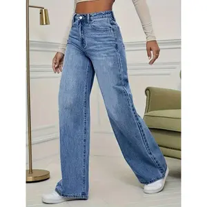 Women’s high-rise stretch denim jeans — straight leg relaxed fit with slant pockets; mid-rise comfort; machine washable washed blue jeans for all-season casual wear; versatile bottoms; classic style; soft material; stylish bottoms; everyday wear.