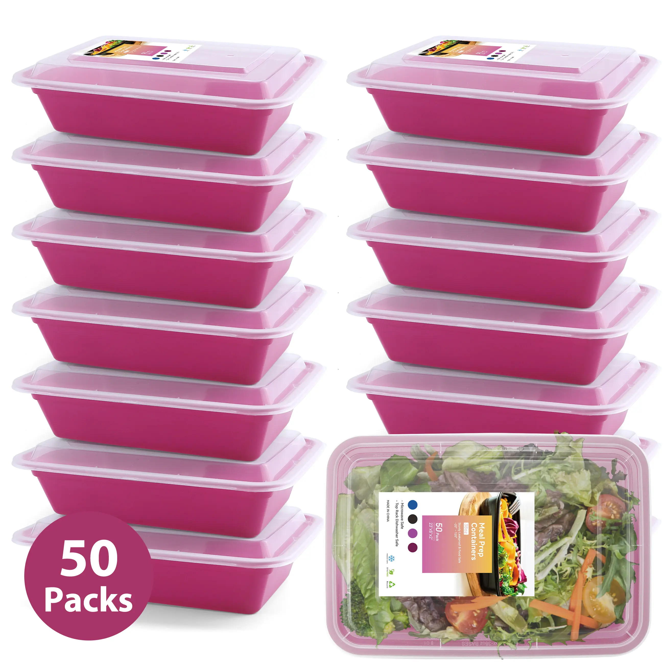 Magenta 50-Pack 1-Compartment Thick BPA-Free Food Grade Plastic Food Containers with Tight-Fit Lids, Reusable Stackable, Microwave Freezer Dishwasher Safe, Sturdy Leakproof, Ideal for Meal Planning, Meal Prep,back to school,back to school haul