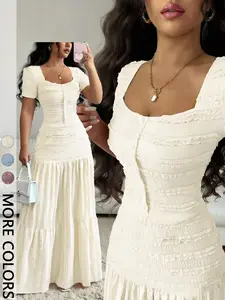 Women's Casual Elegant Party Sweet Cute Short Sleeve Square Neck T-Shirt and Half Skirt Set, Spring & Fall Fashion