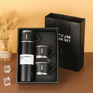 500ml/16.9oz Stainless Steel 1set Thermal Mug Set, Vacuum Insulated Water Flask with 3 Cups and Car Flask Holder for Coffee & Cold Drinks