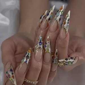 [FLASH SALE 50%] Luxury Stained Glass Press On Nails | Gold Frame Mosaic Design | Elegant Statement Set