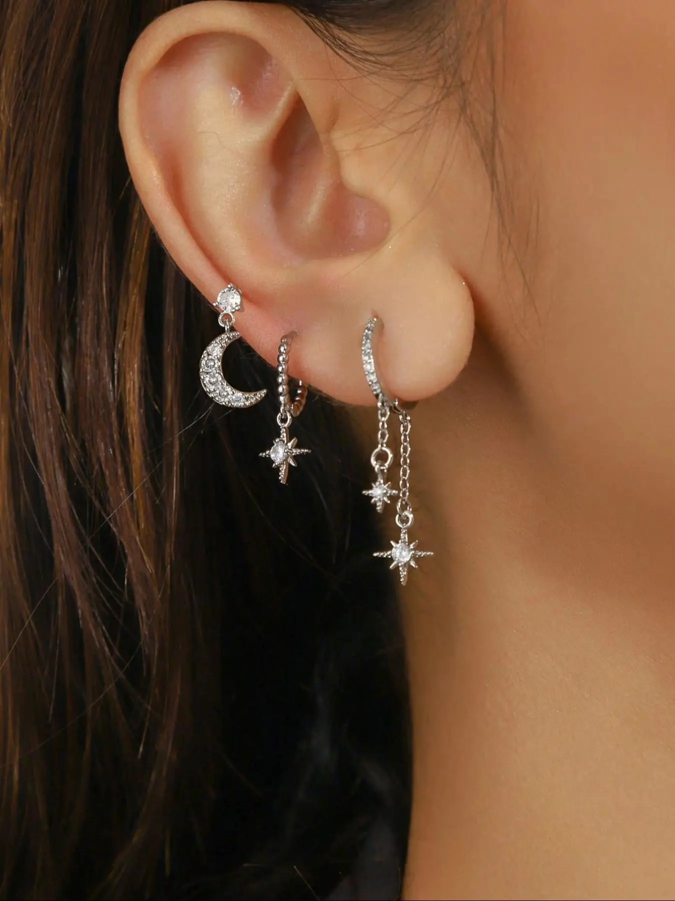 Women's Elegant Moon & Star Design Earrings, Cute Trendy Earrings, Fashionable Jewelry for Women & Girls for Daily & Party Decoration, Elegant Minimalist Earrings, Earrings Set, Artificial Zircon Earrings, Trendy Fashionable Accessories