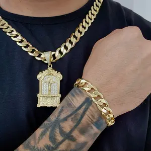 ViOrO 14K Gold Plated 12mm Cuban Link Chain with Bracelet and Zircon  Jesus Christ Pendant for Dairy Use. Electro Laminated Premium Jewelry