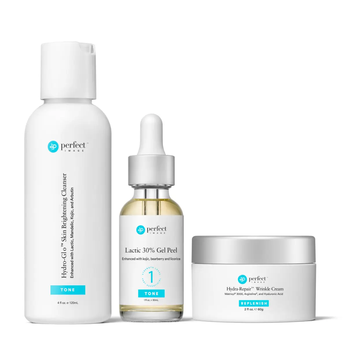 Perfect Image Tone Brightening Bundle with Hydro-Glo Skin Brightening Cleanser, Lactic 30% Gel Peel, Hydra-Repair Wrinkle Cream