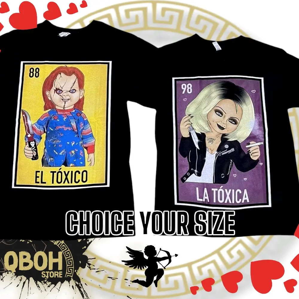 San Valentine's day Chucky Tóxico/  Tiff Tóxica tees. 100 % Cotton Material Black color Short Sleeve. Streetwear Menswear Tshirt Shortsleeve Crewneck