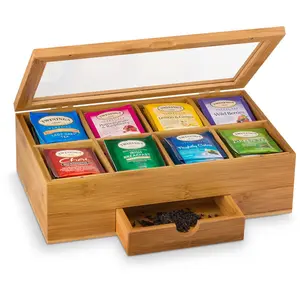 Natural Bamboo Tea Bag Organizer with 8 Compartments and Magnetic Lid - Kitchen Storage Box with Acrylic Window -  Ideal for Kitchen Organization, Decoration & Gifting