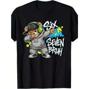 ' 67 Funny Six Seven Bruh T-Shirt - Gen Z Slang Meme Tee with 6/7 Number Design & Bear-like Character, Casual Loose Fit Short Sleeve Shirt for Kids (Sizes 51.18-62.99inch) - Gen Alpha Streetwear