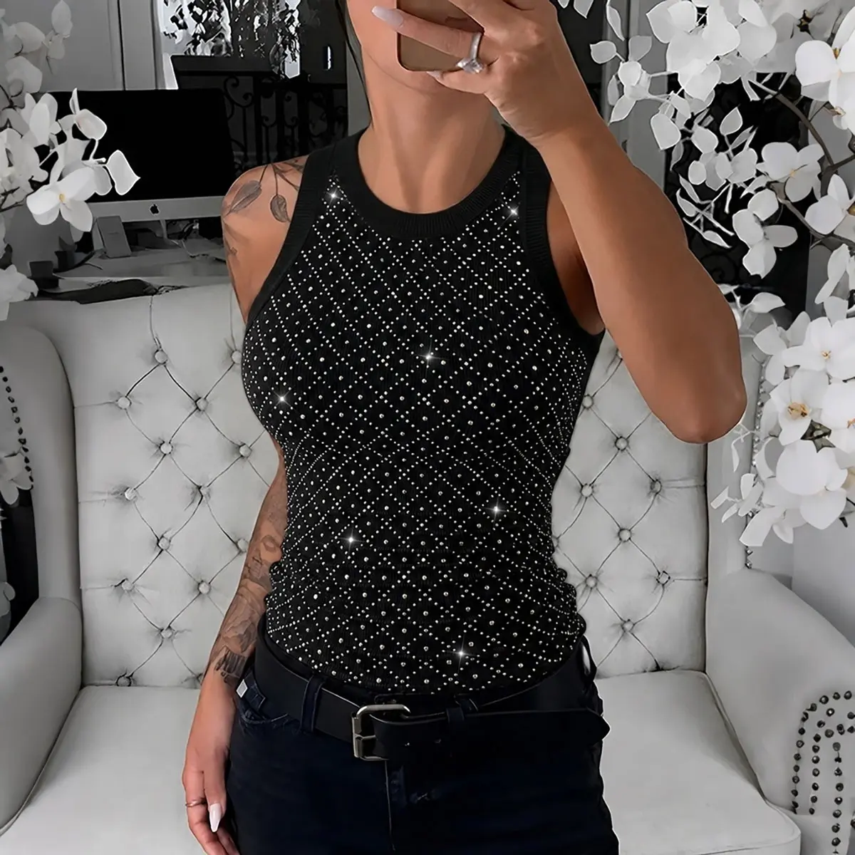 CHICME Women's Rhinestone Argyle Pattern Ribbed Tank Top Slim Fit Top