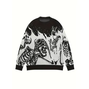 Y2K long-sleeve sweater, loose casual knit sweater with skull pattern, men’s warm slightly stretchy crew-neck pullover for fall and winter