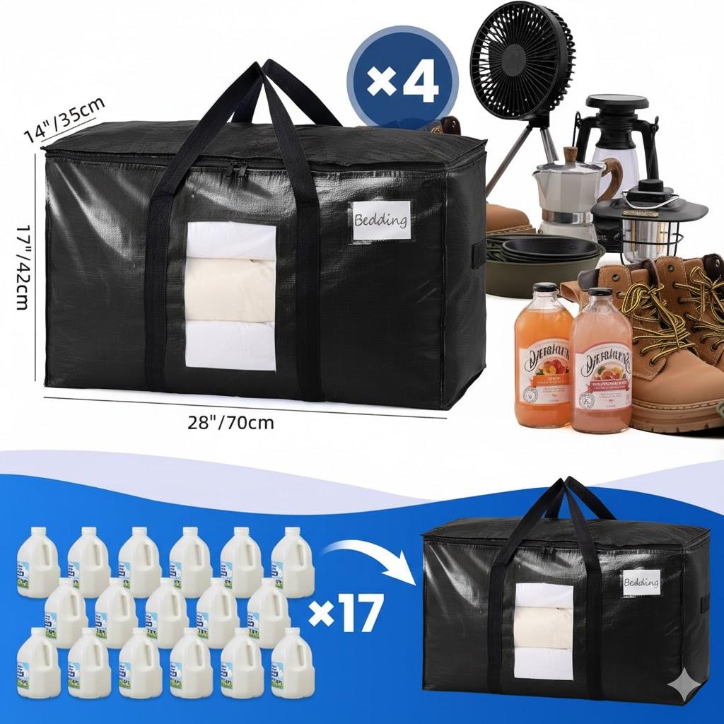 TAILI Extra Large Moving Bags, 4 Pack Black Heavy Duty Totes For Storage with Visible Window, Wrap Around Handles, Storage Bags for Space Saving, Alternative to Moving Boxes