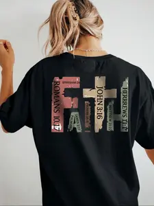 Women's "FAITH" Scripture Collage T-shirt, Vintage Washed Cross & Bible Verse Print, Combining Faith Expression with Trendy Style, Loose Short Sleeve Top, Casual