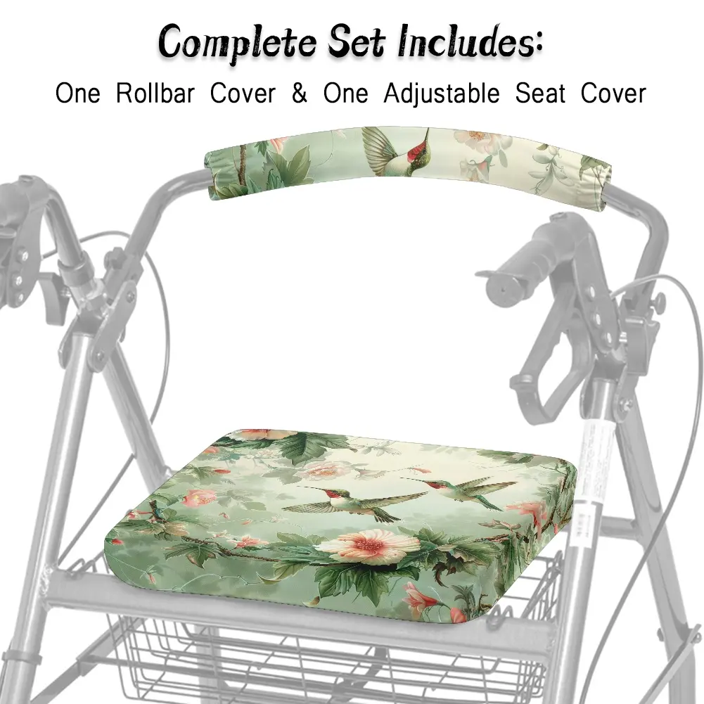 Rollator Walker Seat & Backrest Rollbar Covers Set, Vintage Hummingbird Floral Print - Washable Durable for Seniors Men Women, Perfect Rollator Accessories for Home Outings Shopping Park Walks Doctor Visits Everyday Use