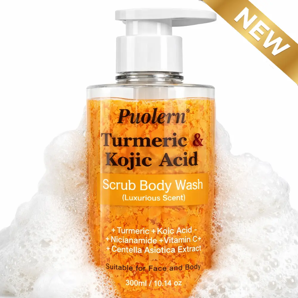[NEW] Turmeric Vitamin C Scrub Body Wash with Kojic Acid, Niacinamide & Centella, Gentle Exfoliating Cleanser for Dull Skin, Moisturizing Soothing Body Wash with Long-Lasting Fragrance, 300ml / 10.14 oz