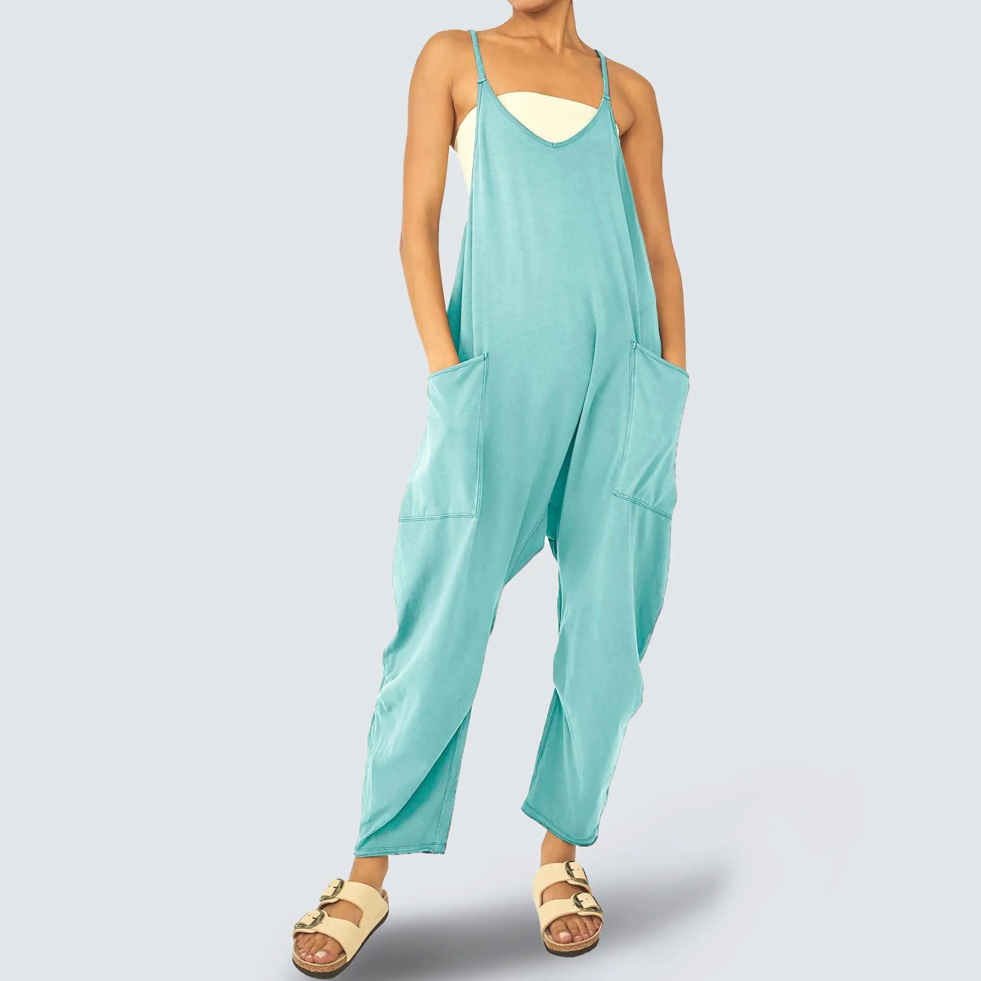 EVELLYHOOTD Women Baggy Sleeveless Slip Jumpsuit Spaghetti Strap Long Pants Overalls with Pockets Casual V Neck Super Comfy Loose Long Romper Jumpsuit