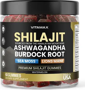 Organic Shilajit Gummies, Sea Moss, Ashwagandha, 105+ Trace Minerals – Organic Burdock Root & Lions Mane Mushroom – Watermelon Flavor - Vegan & Non-Gmo – Made in USA – 60Ct Vitamax