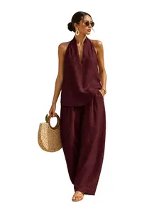 2026 Sexy Halter Backless Two Piece Set, Linen V-Neck Top & High Waist Wide Leg Pants, Summer Boho Beach
