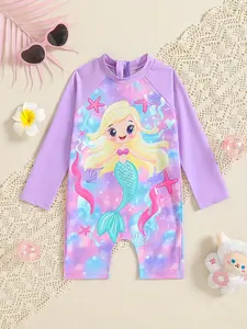 Girls' swimsuits, baby girl products, baby girl clothing, baby girl summer round neck long sleeved cartoon mermaid digital printed pattern comfortable jumpsuit swimsuit suitable for outdoor school, gifts, and enrollment season