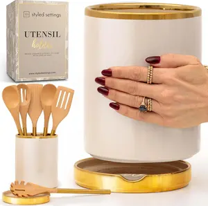 STYLED SETTINGS Beige Utensil Holder - Large Ceramic Utensil Crock for Kitchen Counter – Stylish Cooking Utensil Storage & Gold Spoon Rest – Kitchen Organization & Farmhouse Décor Styled Settings