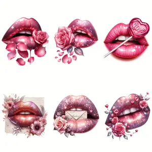 6 Pack Valentine's Day Lip Iron On Vinyl Stickers 6 Unique Designs Lollipop Rose Envelope Heart for DIY T Shirt Jeans Mask Bag Romantic Decor Gift
