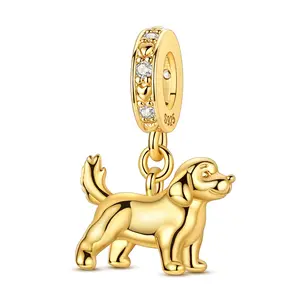 MULA 14K gold-plated golden puppy pendant, suitable for Pandora bracelets – adorable 925 Silver-plated dog pendant, set with heart-shaped cubic zirconia, a perfect gift for dog moms and animal lovers.