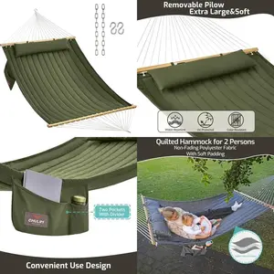 Double Quilted Fabric Hammock With Hardwood Spreader Bars And Pillow