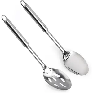2pcs Stainless Steel Cooking Spoons Set, Large Silver Serving Spoons Metal Slotted Spoon for Cooking Silverware Cooking Utensils for Home Restaurant Dinner Stirring Mixing Serving