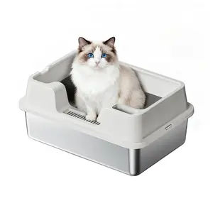 Stainless Steel Cat Litter Box, Semi-Enclosed Cat Litter Tray, Anti-Splash High Sided Metal Litter Pan Tray, Easy Clean, Detachable