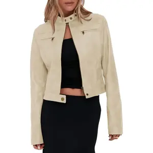 Women's Fitted Faux Leather Cropped Motorcycle Jacket - Fashion Preppy Casual Wear Garment, Minimalist Long Sleeve Vintage Zip-Up Stand Collar Short Coat for Tops Pairing