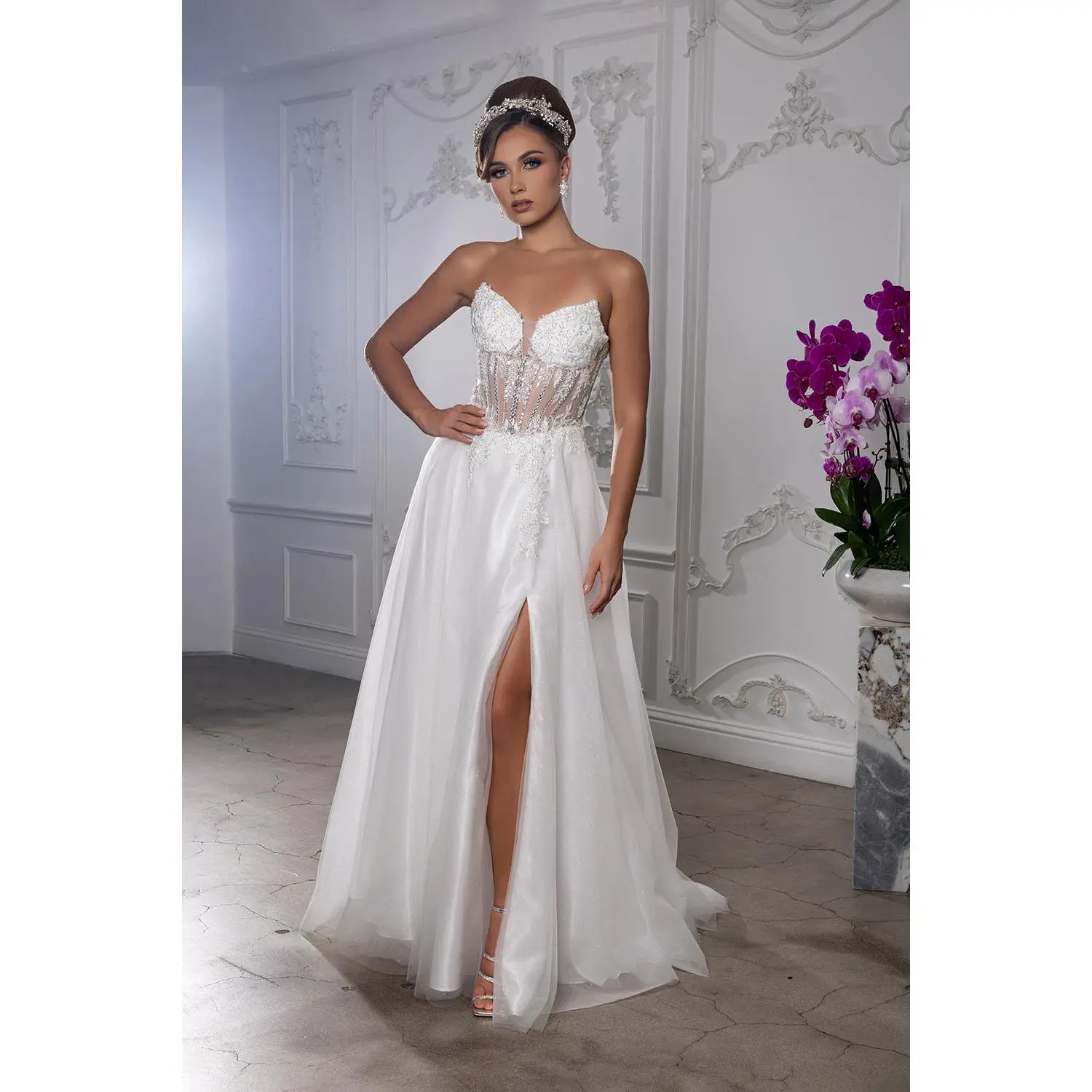 Elegant Strapless A-Line Wedding Dress with Sheer Corset Bodice Bridal Gown by May Queen MQ2222