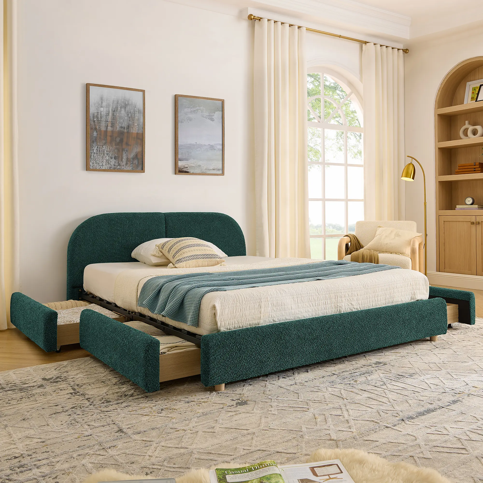 【Sub 2 packages】Niccae Queen Size Upholstered Bed Frame Modern Minimalist Style - Circle Yarn Fabric, Tall Curved Headboard, Sturdy Leg Support & Wheeled Drawer Storage, Mattress Not Included