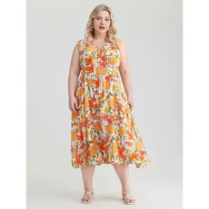 BLOOMCHIC Women's Plus Size Bohemian Retro Floral Print Shirred Waist Midi Dress - Lady-Fit, Multicolor, Short Sleeve/Sleeveless Option, Smooth Garment Fabric, Pocket, Casual Wear, M-6X, 2026 Spotlight,Summer wins,Deals for you days