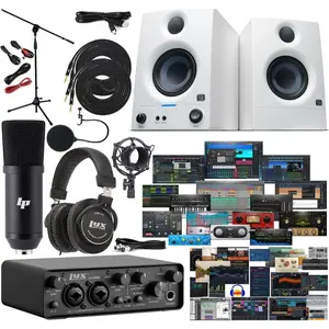 LyxPro 2x2 USB Audio Interface Bundle with Mic Kit, Headphones & Eris E3.5 White Studio Monitors