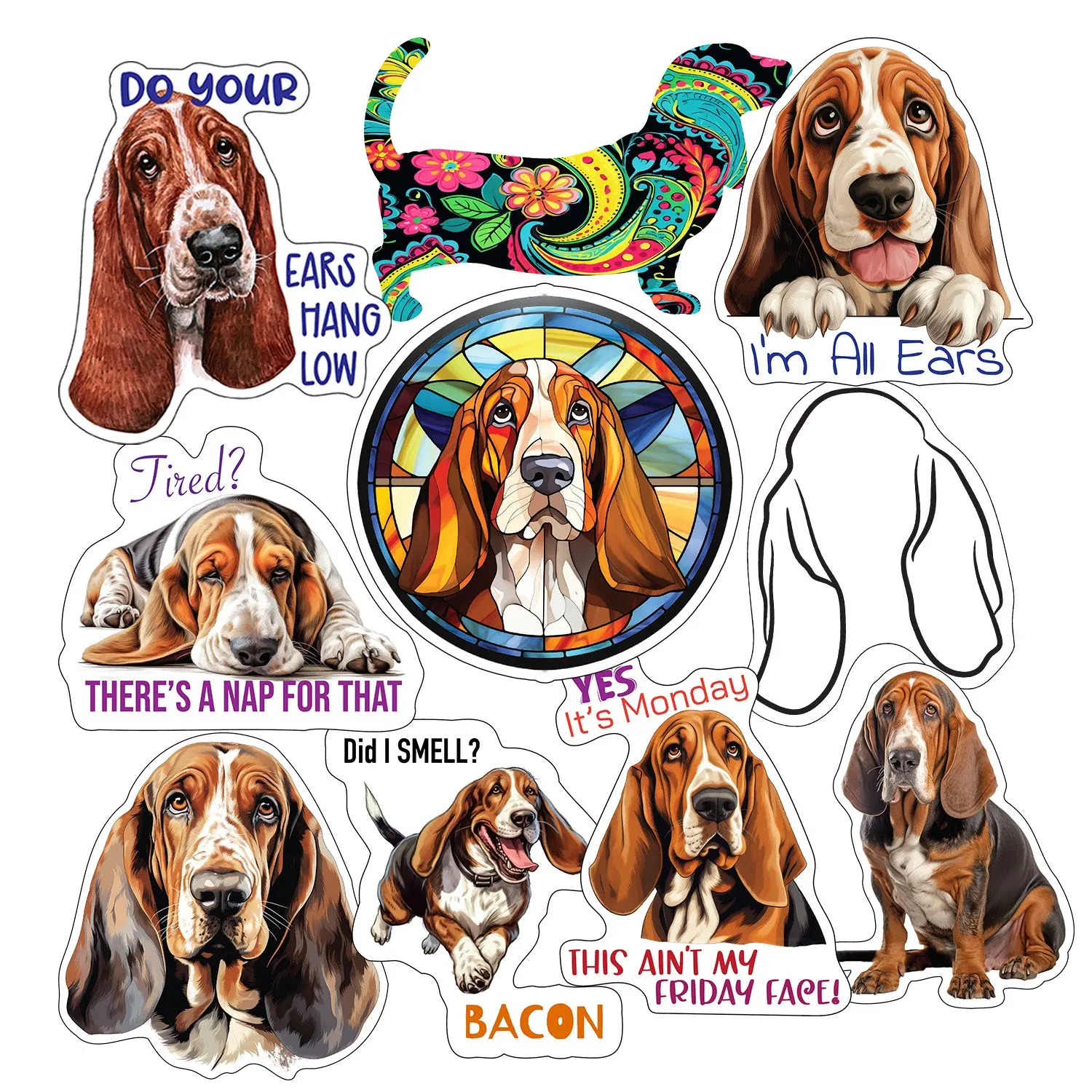 Basset Hound Stickers, Ten Vinyl Stickers Supporting Basset Hound, Great Basset Hound Gift, Decorative Stickers