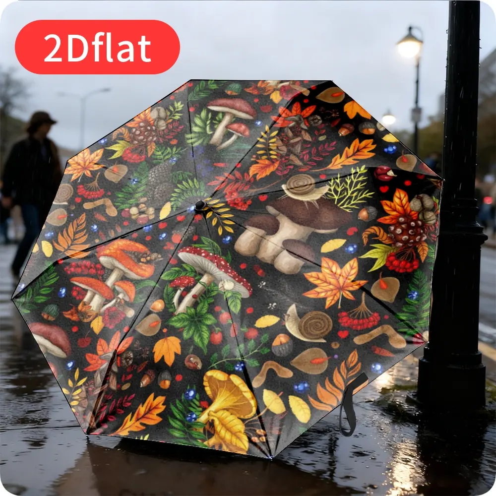 Automatic Open-and-Close Mushroom Print Umbrella – 8-Rib Sturdy Frame, Compact Folding Rain Umbrella for All Seasons (Forest Pattern: Mushrooms, Leaves, Berries) – Stylish Unisex Travel and Everyday Accessory