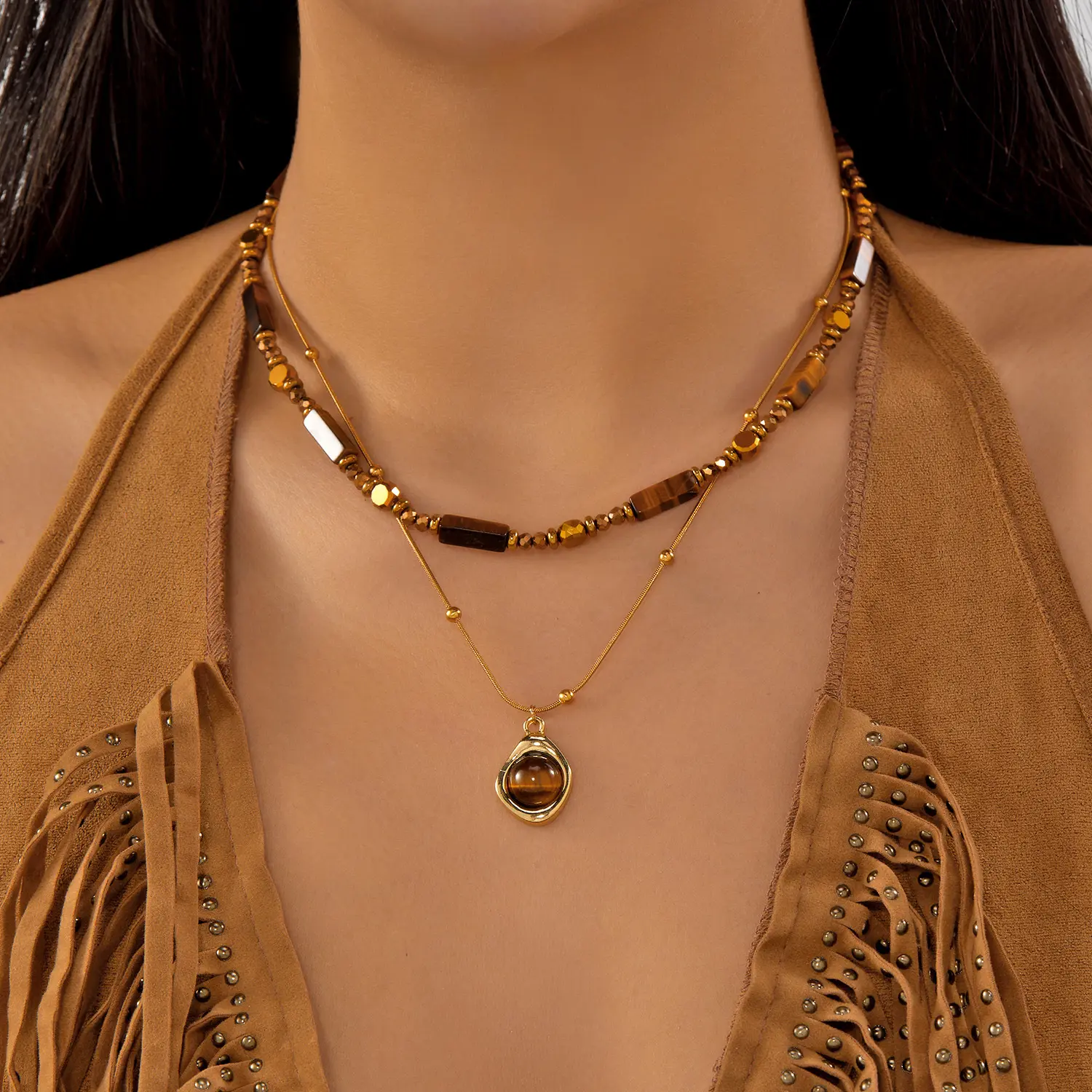 NOKMIT,Vintage Tiger's Eye Stone Pendant Set ,Bohemian-style gemstone necklace,Versatile fashion accessories,Women's Necklace,Simple Elegance Sweet,Gift for her, Friendship Necklace, Energy Necklace chain, mothers day gifts,clavicular necklace