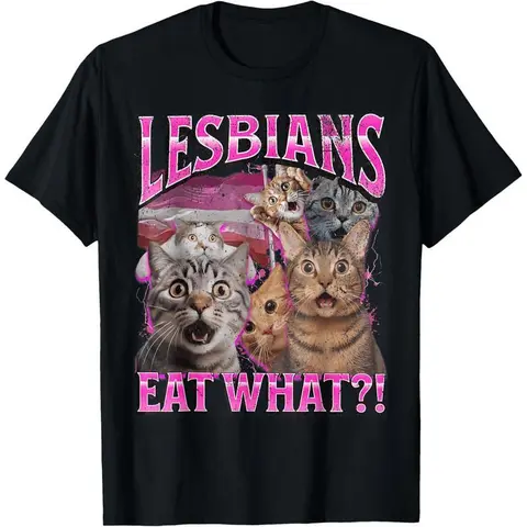 Women's 100% Cotton LGBTQ Pride Printed Basic T-Shirt Top - Short-Sleeve, Fitted Classic Fit, Cartoon "Lesbians Eat What?!" Cat Graphic, Casual Fabric Wear for Pride Month
