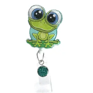 Cute Frog Badge Reel 2" Retractable Swivel Alligator Clip with Glitter Design Perfect for Animal Lovers & Workday Whimsy