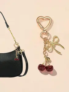 Cherry Design Keychain, Aesthetic Keychain, Sparkling Simulated Cherry And Bow, Birthday Gift, Wallet Accessory, Heart-Shaped Metal Buckle - Valentine's Day Gift, Ladies' Gift, Bag Charm Pendants, Bag Chain Accessories, Alloy Keychain