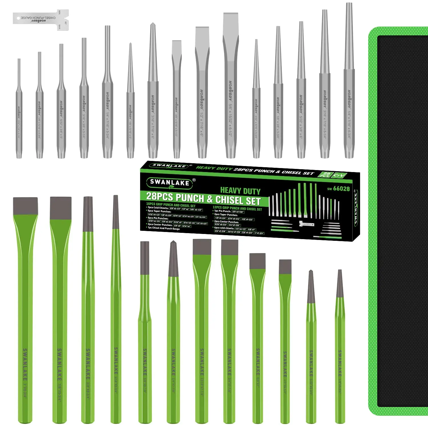 SWANLAKE Punch and Chisel Set, Including Taper Punch, Cold Chisels, Pin Punch, Center Punch (28pcs) green  rubber tool kit repair tool chisel set tool gift cool mechanic TikTokShopBlackFriday,father'sdaygifts