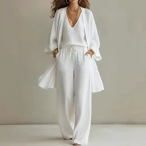 Summer Loose Cotton and Linen Medium and Long Nine-quarter-sleeved Cardigan Sleeveless Vest Trousers Three-piece Set