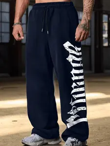 Gothic Font Graphic Print Wide Leg Pants, Loose Fit Drawstring Waist, Long Regular Length, Preppy Style, All Seasons, Casual, Gym & Activewear