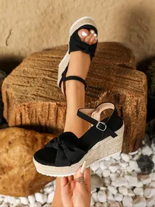 Women's Beach Vacation Wedge Sandals, Braided Woven Open Toe Tie-Up High Heels, Textile Upper, Holiday Style, Less Than Ankle Height