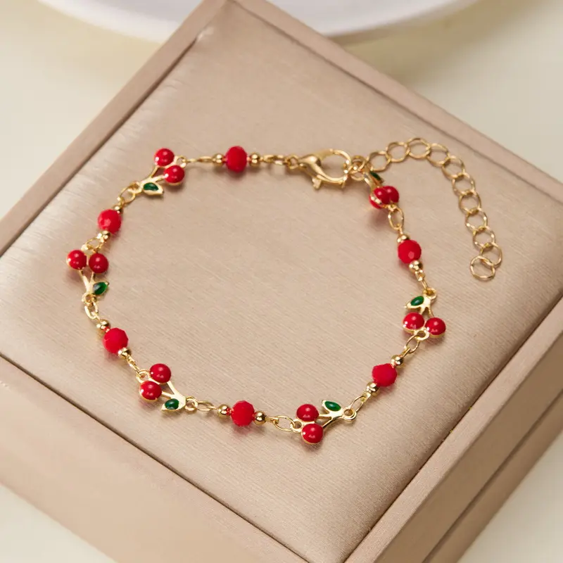 Women's Various types Sweet Bracelet,Sweet Cherry Charm Bracelet, Gold Plated Chain Adorned With Red Beads, Lovely Fruit Style Hand Jewelry, Flexible Versatile Wrist Ornament for Daily Casual Wear And Holiday Party Occasions,summervibes wristband