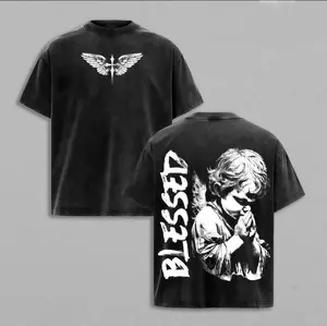 Blessed Angel T Shirt / Sweatshirt / Hoodie Washed Oversized Christian Streetwear Jesus Faith Apparel Praying Cherub Graphic Tee Heavy Cotton Religion Inspired Shirt for Men Women，good graphic tees Menswear，vintage shirts Vintage Crewneck
